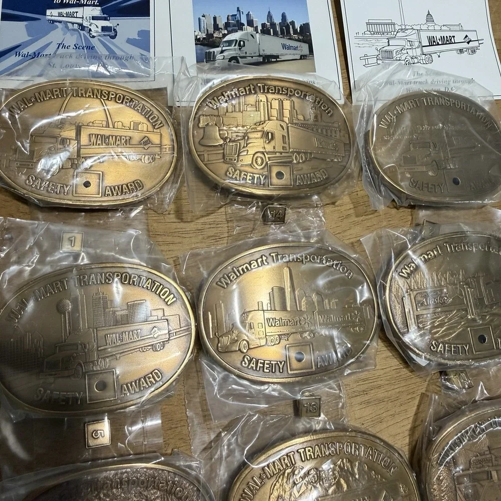 Vintage Wal-Mart Transportation Safety Award Belt Buckle Lot of 14 Brass Pins